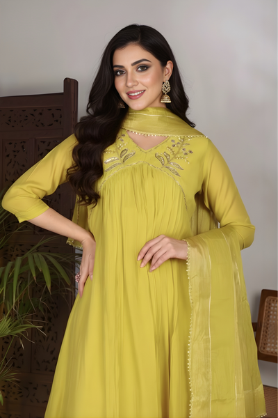 Hand Work Mul Chanderi Suit Yellow