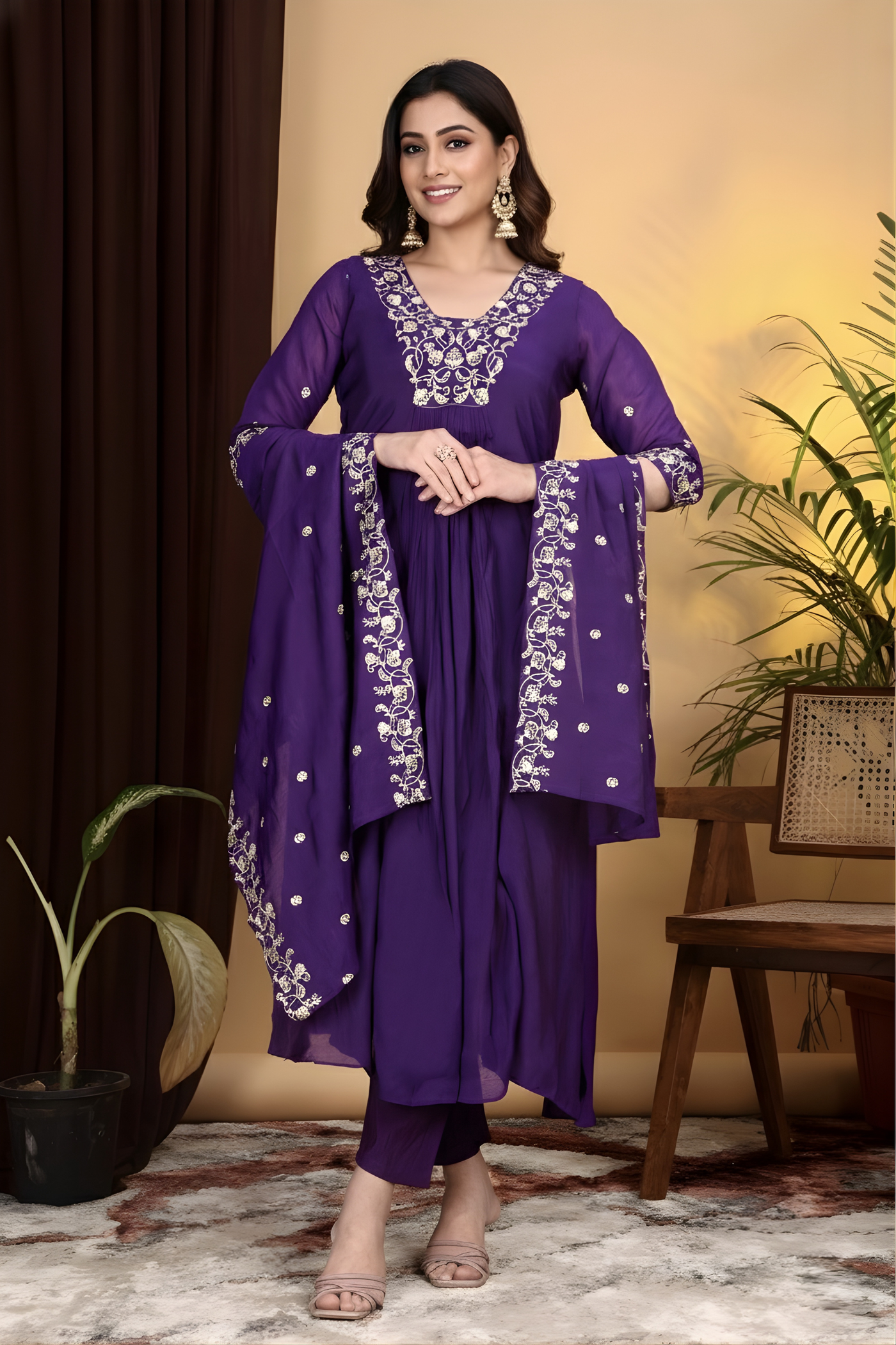 Hand Work Mul Chanderi Suit Violet