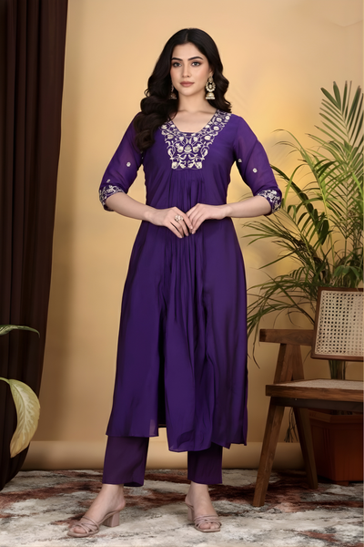 Hand Work Mul Chanderi Suit Violet