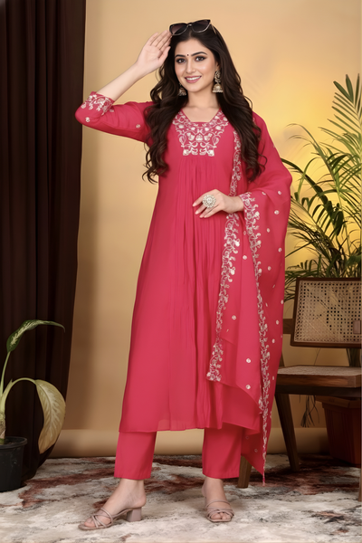 Hand Work Mul Chanderi Suit Pink
