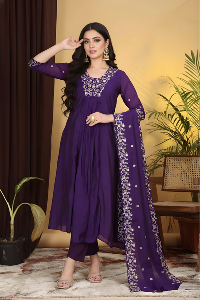 Hand Work Mul Chanderi Suit Violet