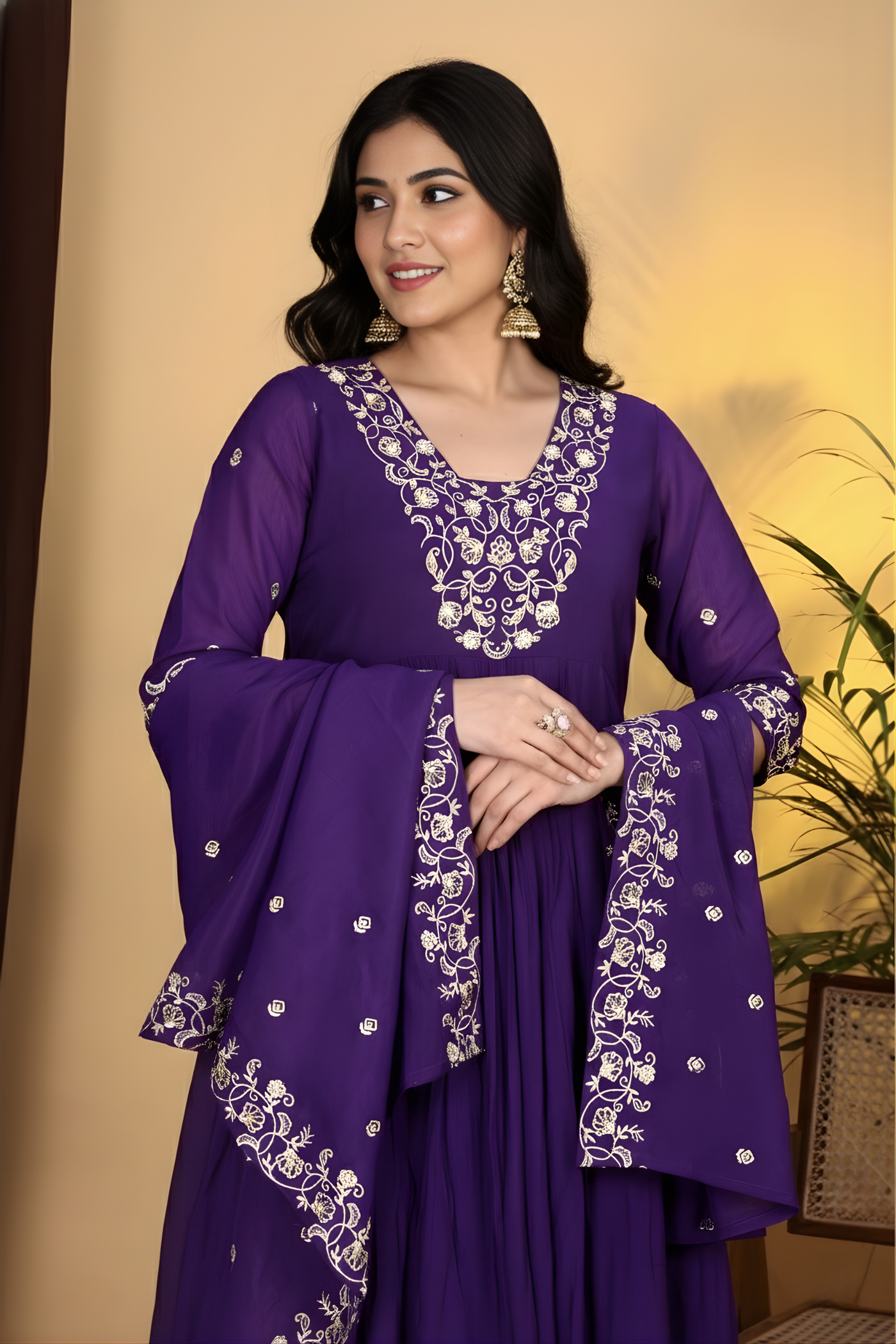 Hand Work Mul Chanderi Suit Violet