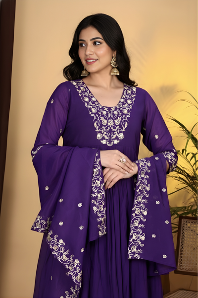 Hand Work Mul Chanderi Suit Violet