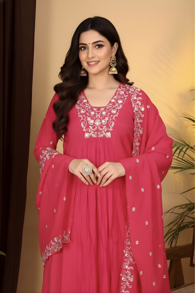 Hand Work Mul Chanderi Suit Pink