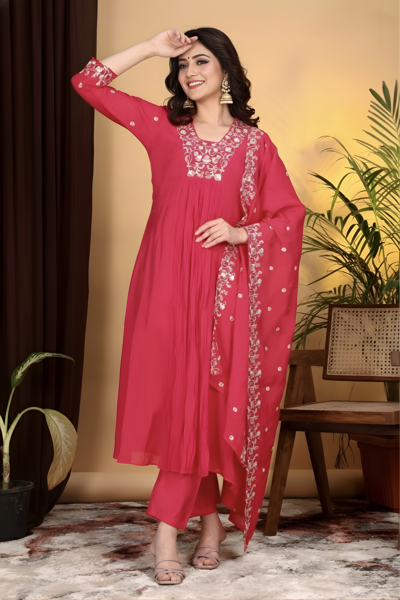 Hand Work Mul Chanderi Suit Pink