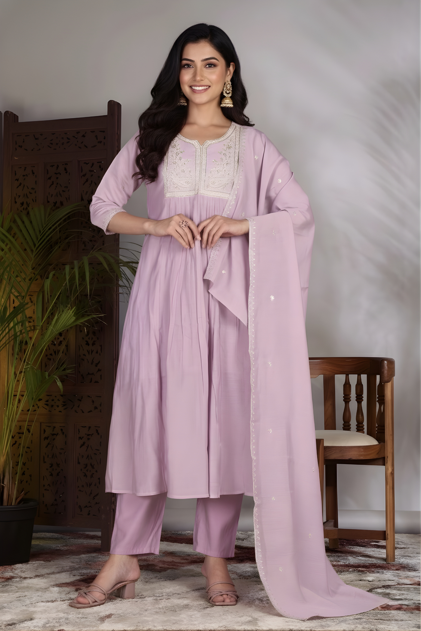 Hand Work Mul Chanderi Suit Lylac