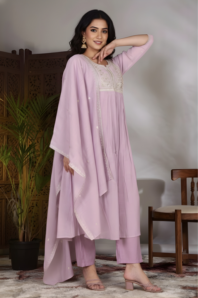 Hand Work Mul Chanderi Suit Lylac