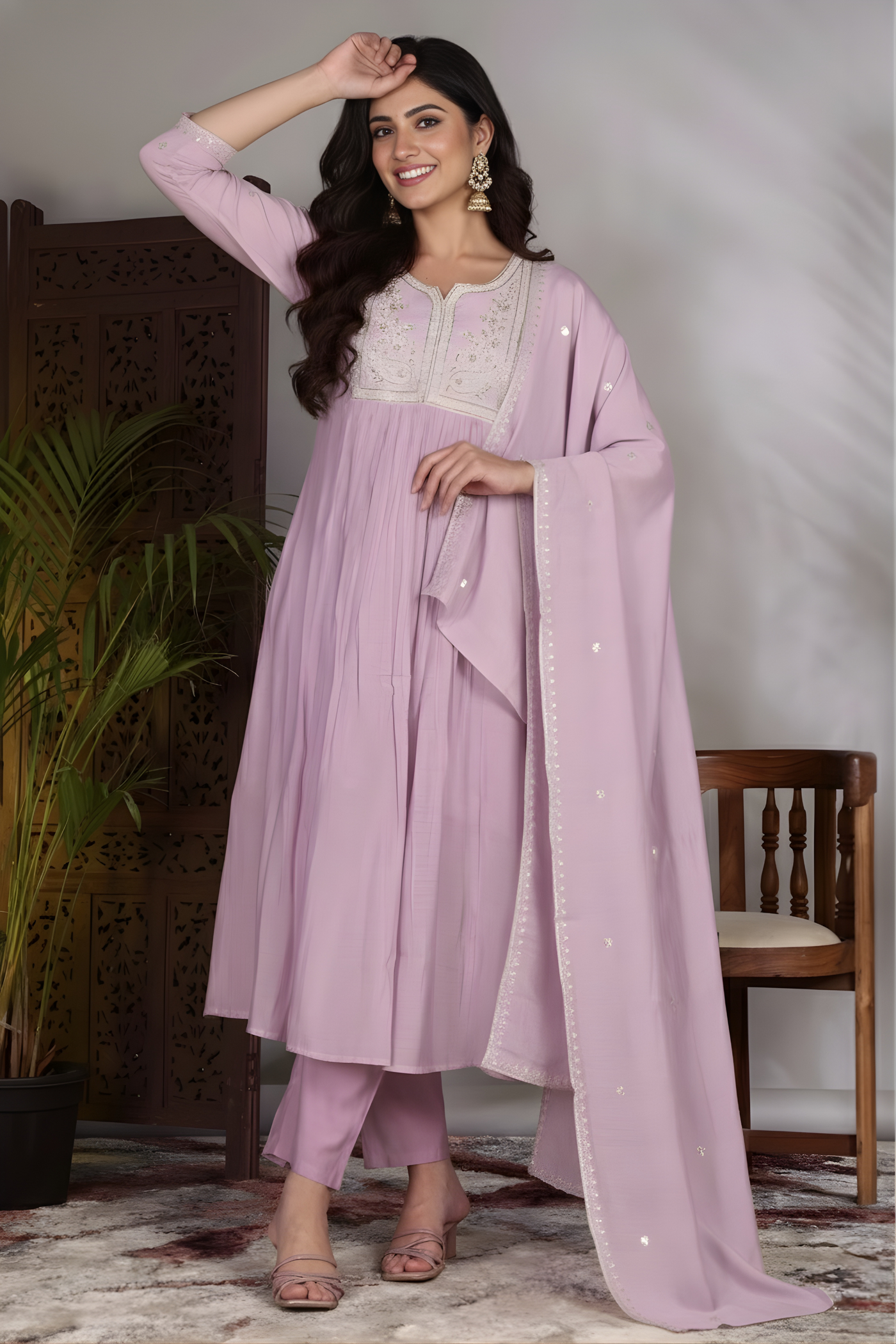 Hand Work Mul Chanderi Suit Lylac