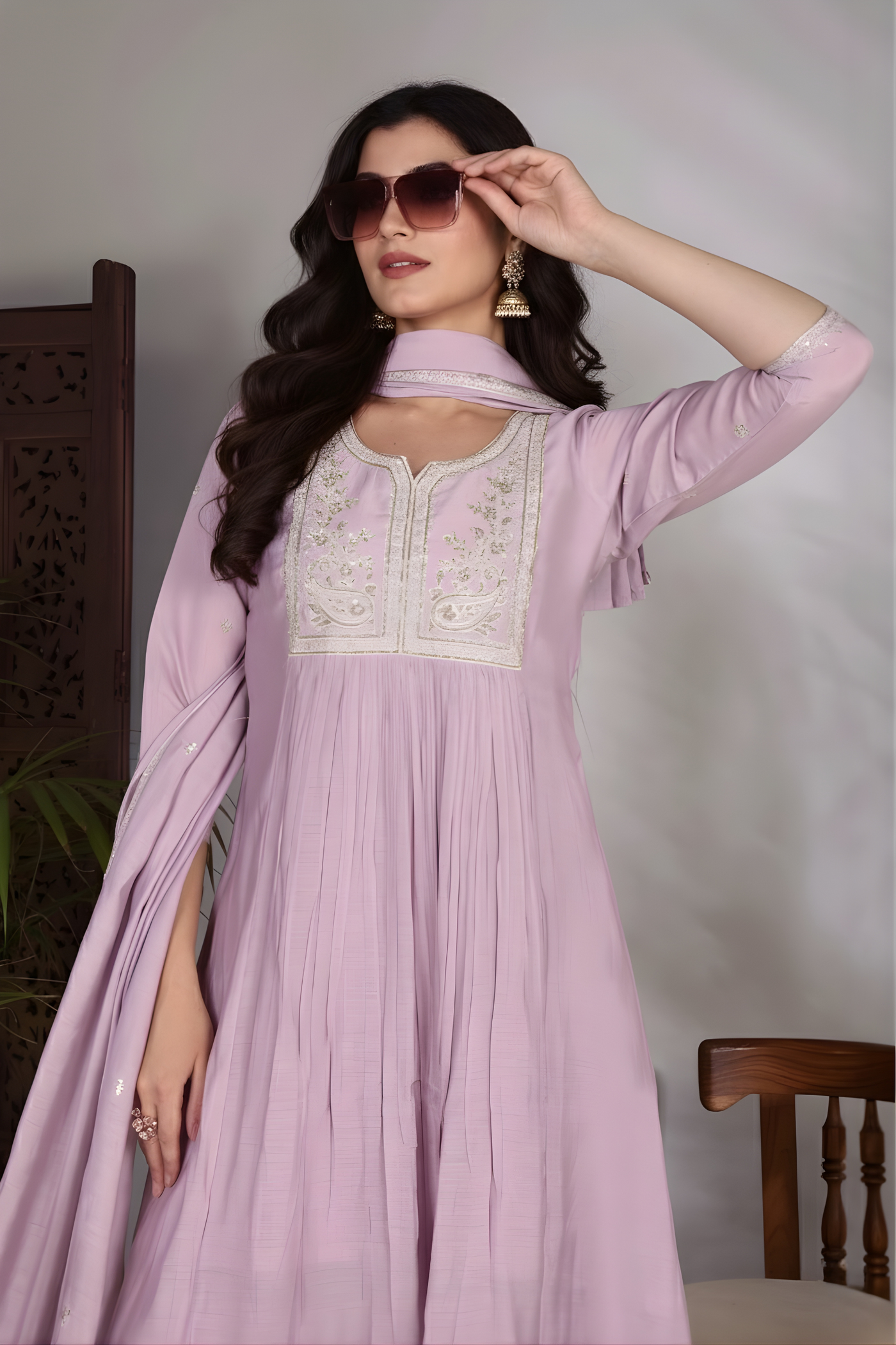 Hand Work Mul Chanderi Suit Lylac