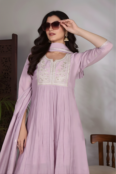 Hand Work Mul Chanderi Suit Lylac